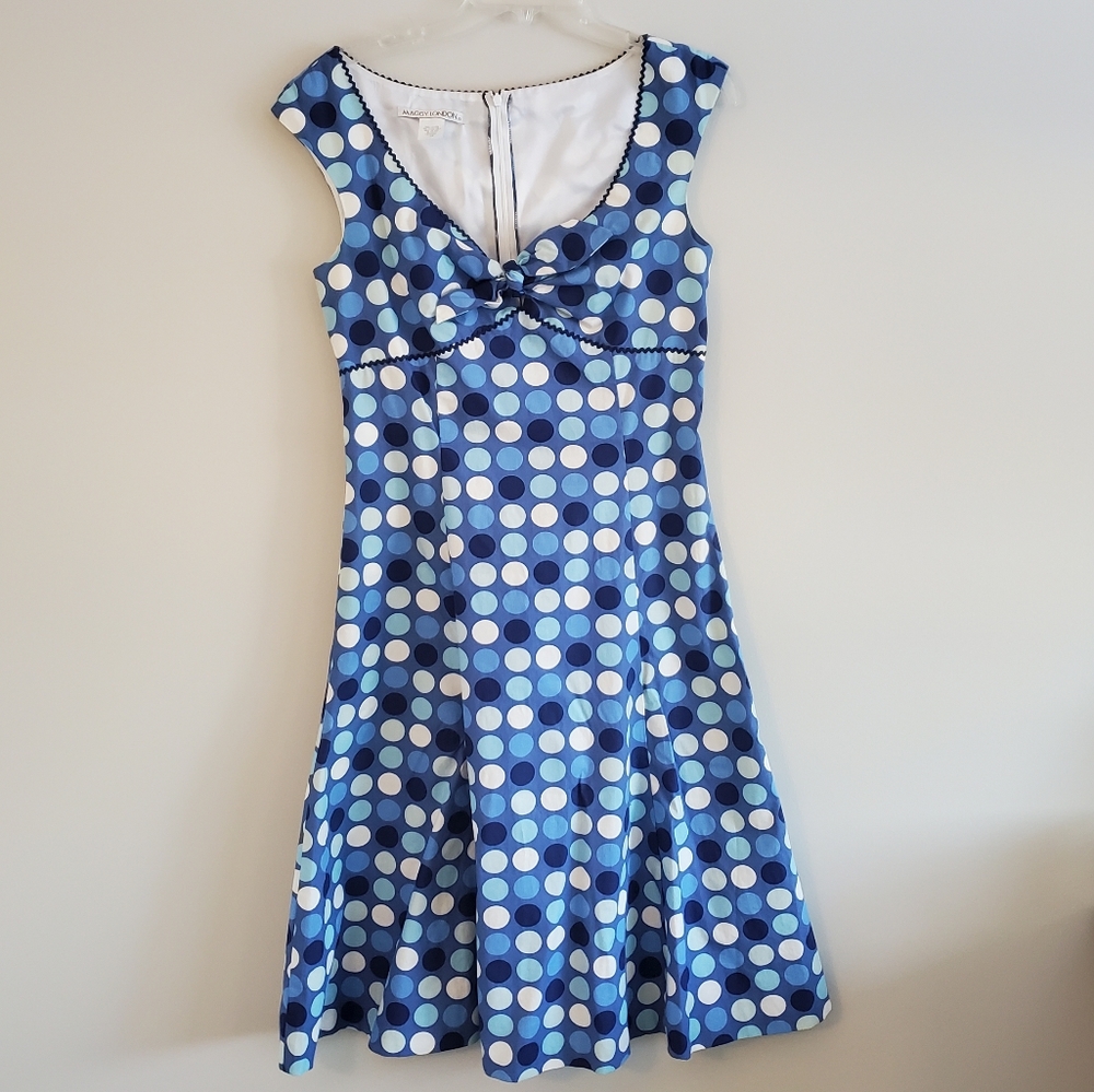 Maggy London retro-inspired blue dot dress, size 10